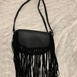 Faux leather black crossbody bag with fringe